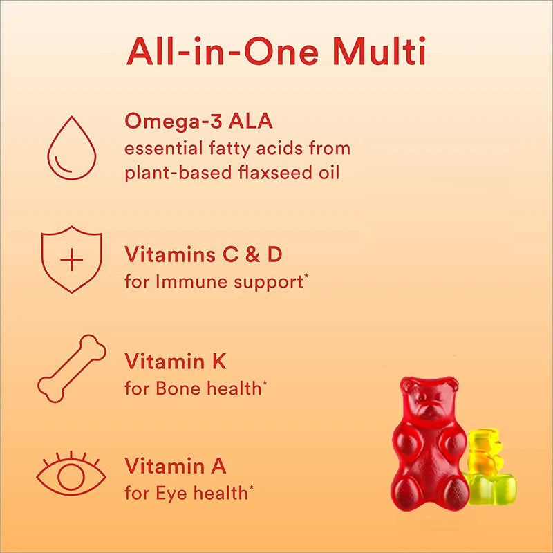 Children's Multivitamin Gummies, Sugar-Free Gummies with Vitamins C, D, B6 and Zinc, Flaxseed Oil Omega 3 ALA